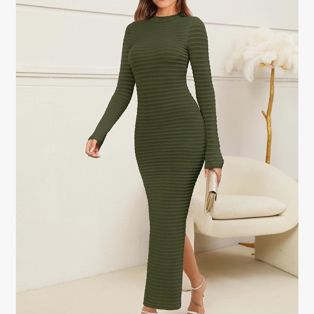 Chic Nation Olive Green Ribbed Sweater Dress
